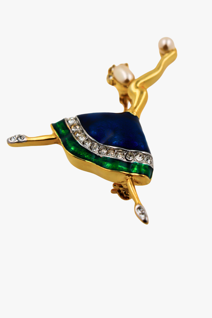 Broche en forme de danseuse jupe bleu marine et verte - doré et détail de perle nacrée - vintage collection