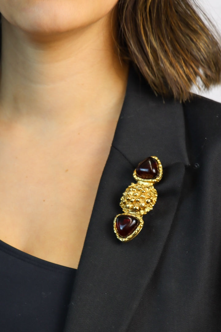 Petite broche vintage dorée détail pâte de verre améthyste violet accessoire fantaisie