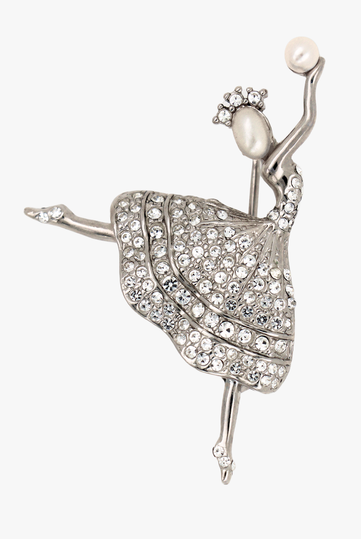 Broche argentée en forme de danseuse étoile ornée de perles et de strass brillant