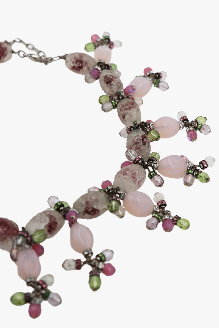 Collier de collection couture Charlotte Vintage en perles vertes roses et violettes- Françoise Montague pièce rare et unique