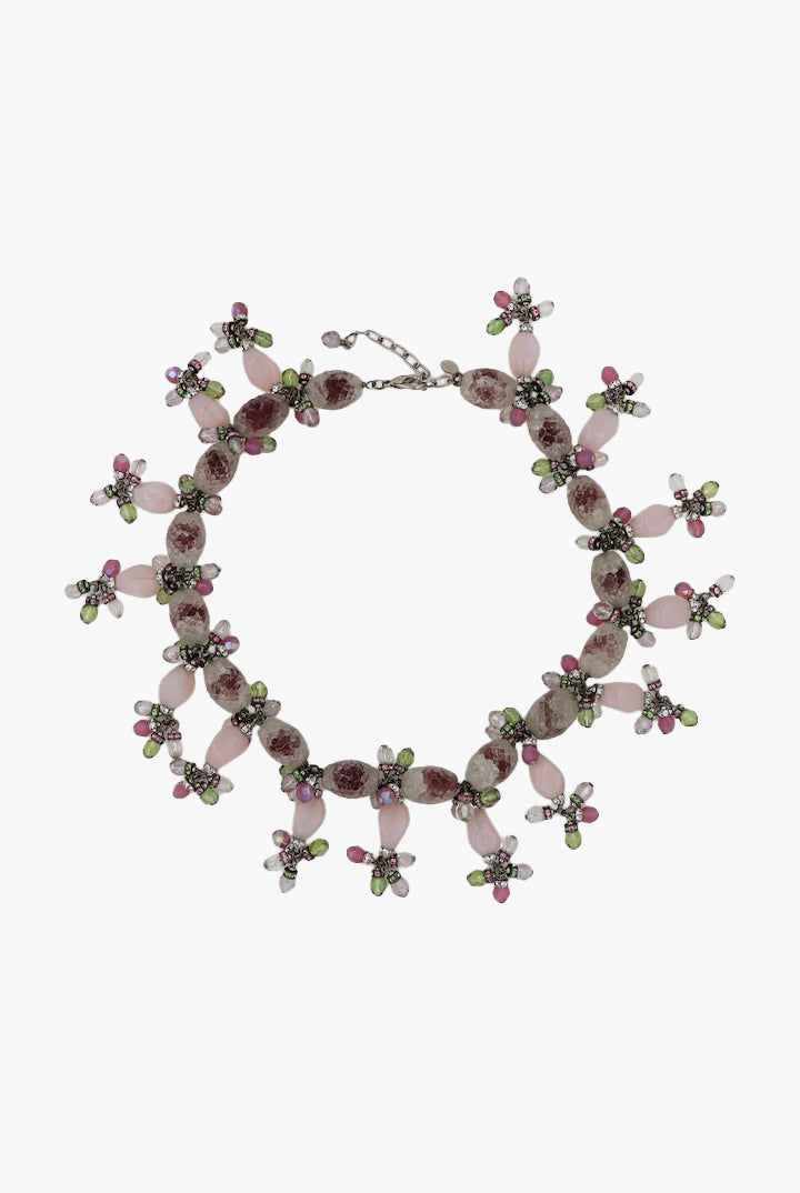 Collier Couture Charlotte Vintage en perles vertes roses et violettes- Françoise Montague fait à la main