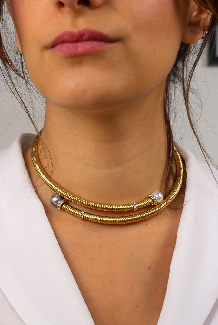 collier doré perles griseset blanches opaline ras de cou chocker strass Swarovski