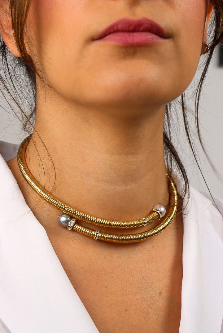 collier doré gris et blanche opaline ras de cou chocker  strass Swarovski