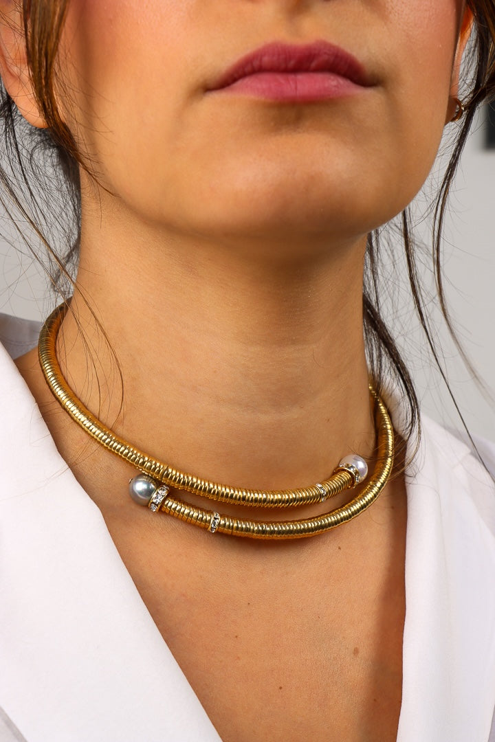 collier doré gris et blanche opaline ras de cou chocker strass Swarovski