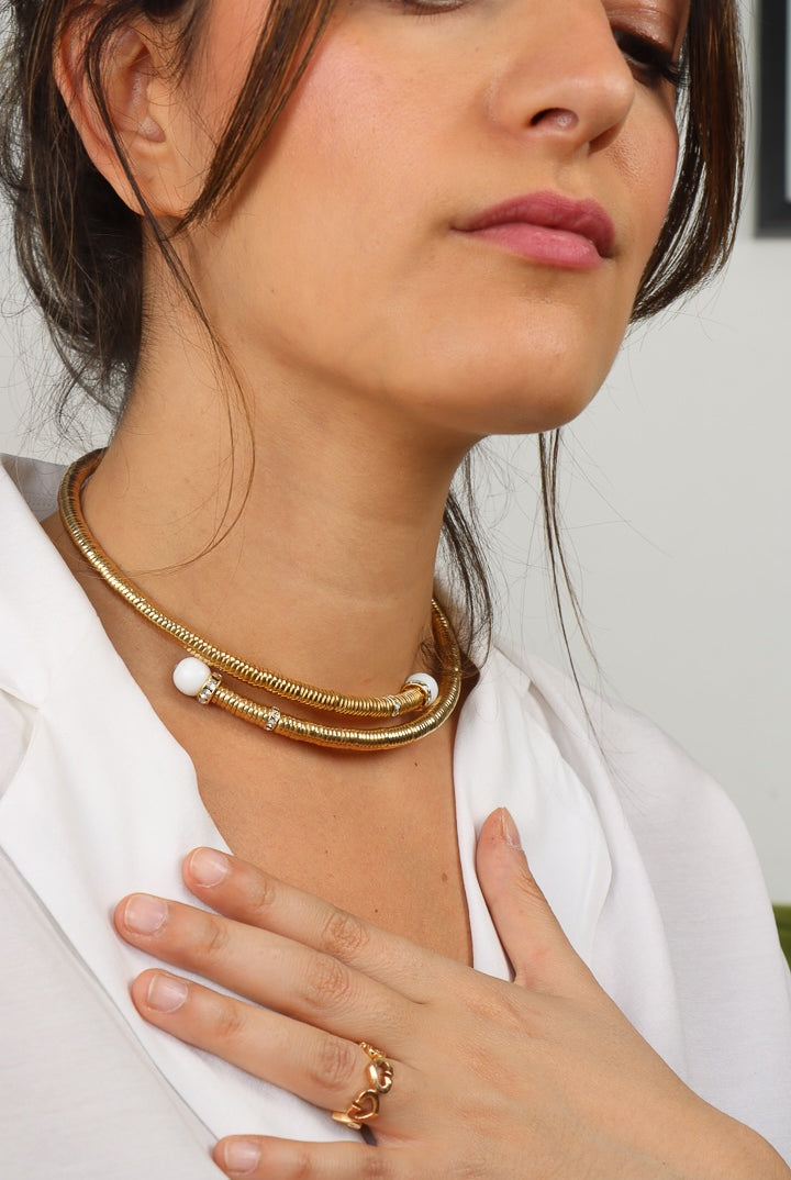 collier doré perles  blanches chocker  strass Swarovski