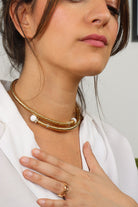 collier doré perles  blanches chocker  strass Swarovski