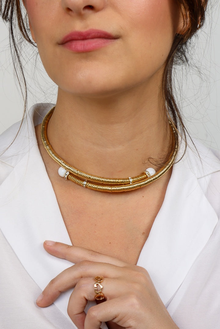 collier perles blanches doré ras de cou  strass Swarovski