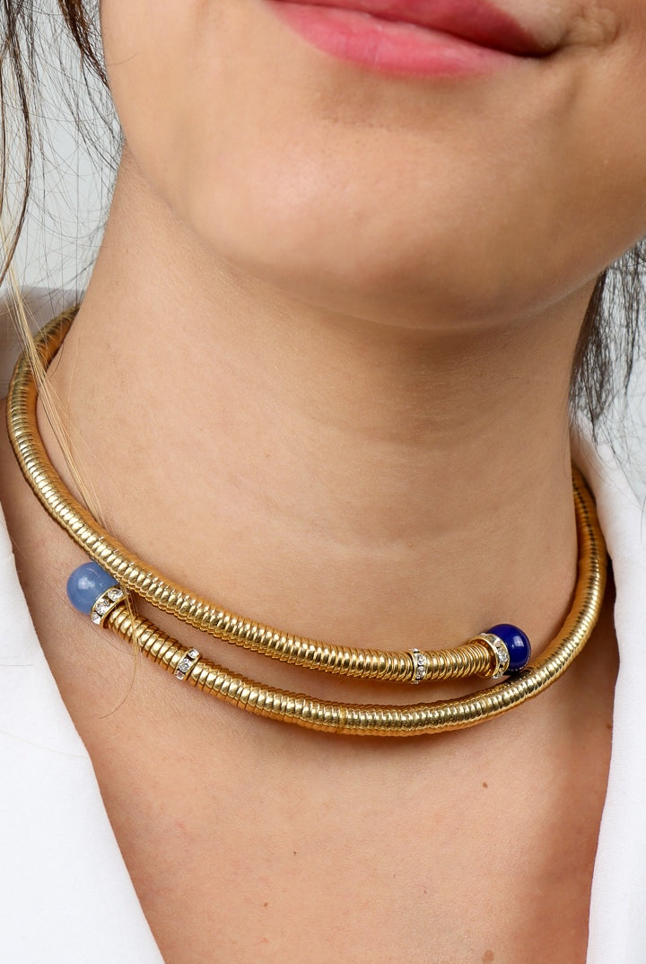 collier bleu et doré ras de cou chocker bleu et bleu jean calcédoine strass Swarovski