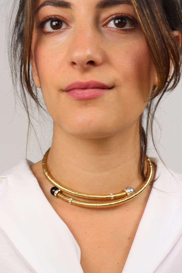 collier doré perles noires et grises chocker strass Swarovski