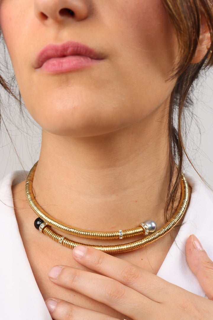 bijou fait main collier doré noir et gris nacrées ras de cou chocker strass Swarovski