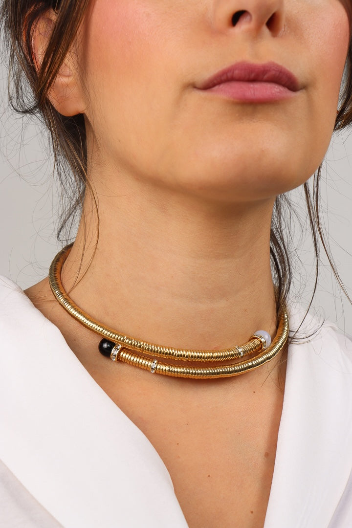 collier doré noir et blanche opaline ras de cou chocker strass Swarovski
