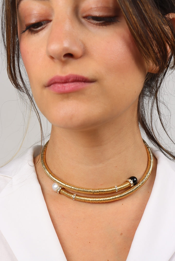 collier doré noir et blanc ras de cou chocker perles et strass Swarovski