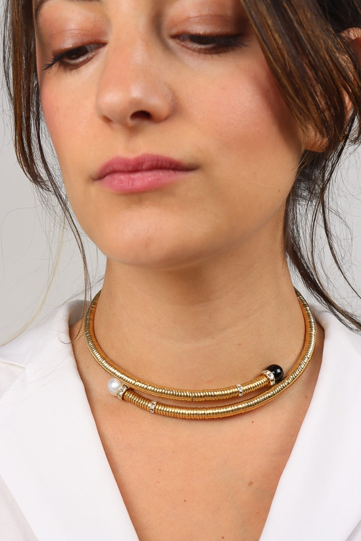 collier doré noir et blanc ras de cou chocker perles et strass Swarovski