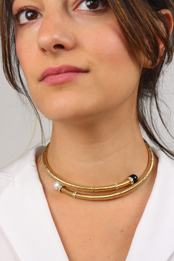 collier doré perles noires et blanches ras de cou chocker strass Swarovski
