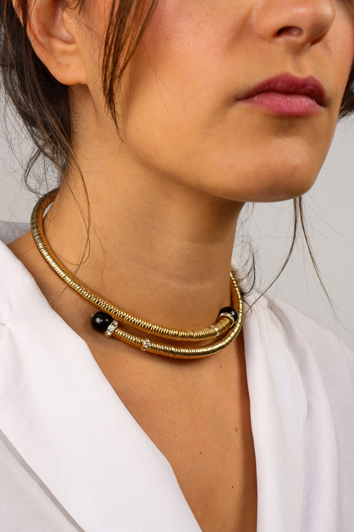 collier doré perles noires black chocker strass Swarovski bijou fait main en France