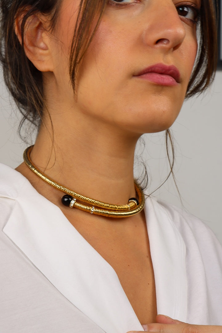 collier doré perles noires ras de cou chocker strass Swarovski