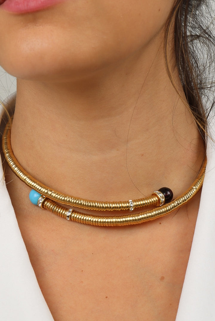 collier doré ras de cou doré Bleu et violet strass Swarovski bijou fait main