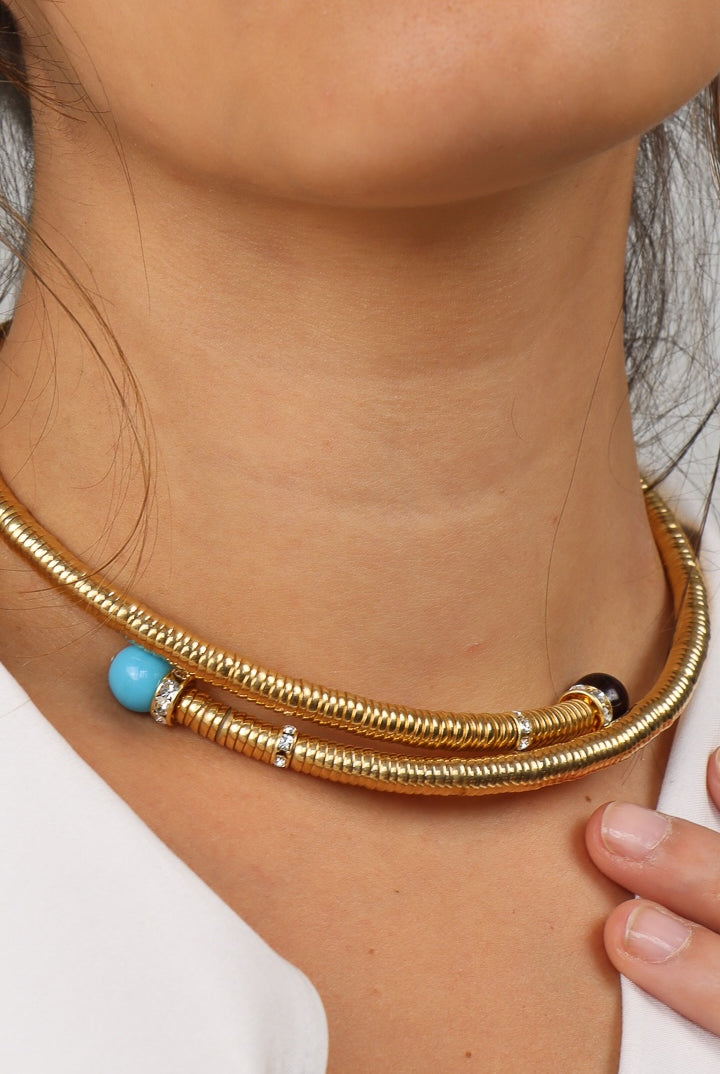 collier turquoise doré chocker bleu et bleu jean calcédoine strass Swarovski