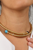 collier turquoise doré chocker bleu et bleu jean calcédoine strass Swarovski