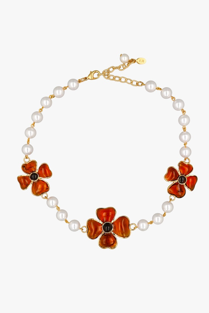 Collier court Amalfi en pâte de verre miel topaze et perles nacrées, création Françoise Montague Paris