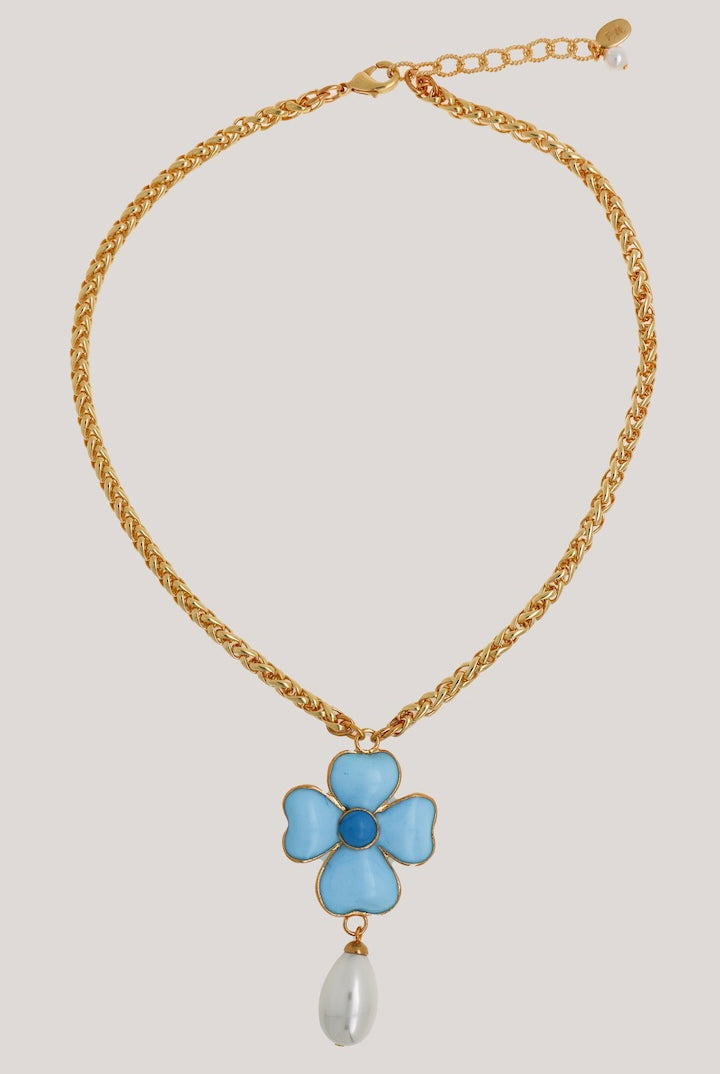 Collier Pendentif en pâte de verre bleu turquoise et perles chaîne or doré