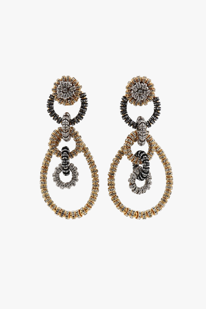 Boucles d'oreilles XXL en rondelle de stras noir argent et or fermoir clip - fait à la main