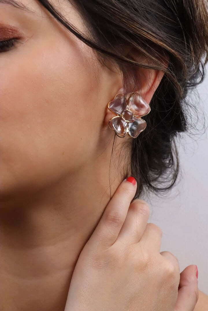 Boucles d'oreilles Amalfi pâte de verre cristal transparent coulée flamme atelier Paris Françoise Montague
