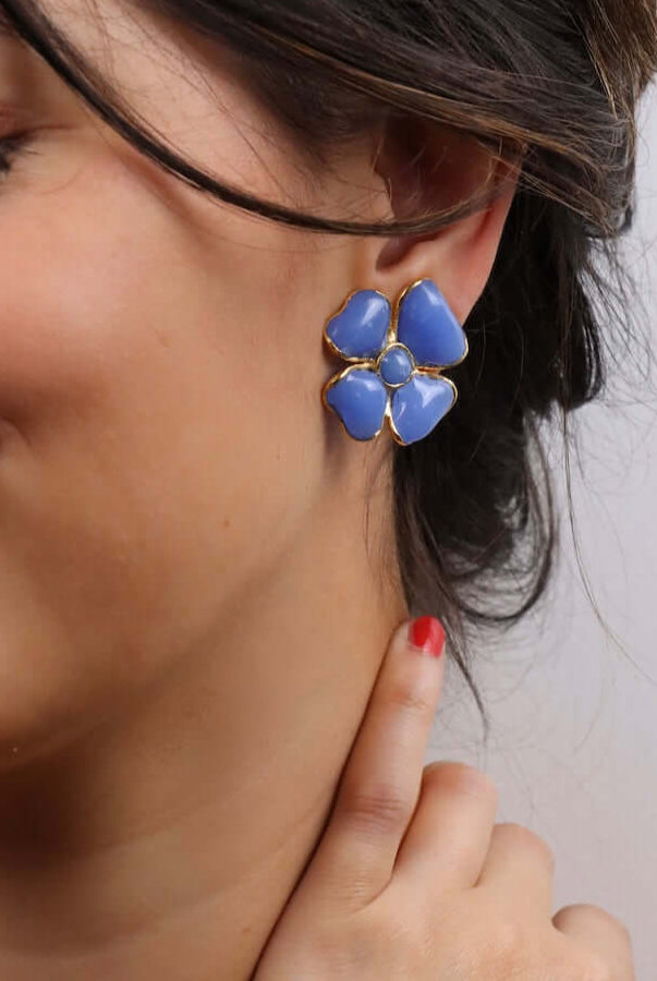 Boucles d'oreilles en forme de trèfle en pâte de vert bleu bijou fait main en France