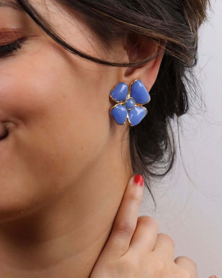 Boucles d'oreilles en forme de trèfle en pâte de vert bleu bijou fait main en France