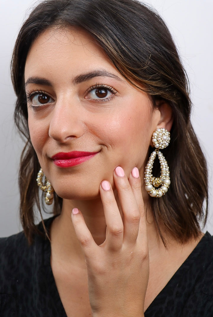 Paire de boucles d'oreilles pendantes bijoux fantaisie fermoir clip en perles et en rondelle de strass