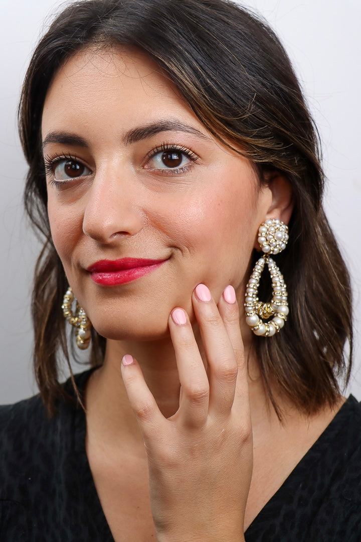 Paire de boucles d'oreilles pendantes bijoux fantaisie fermoir clip en perles et en rondelle de strass