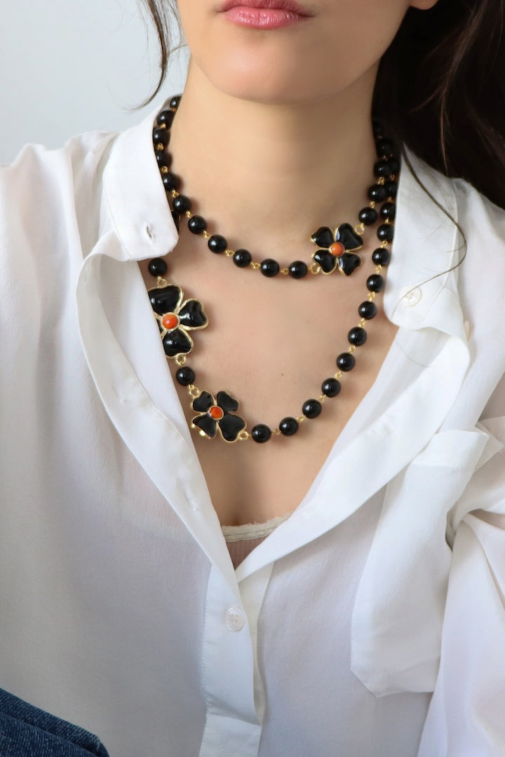 Sautoir en perles et en pâte de verre noir - Françoise Montague