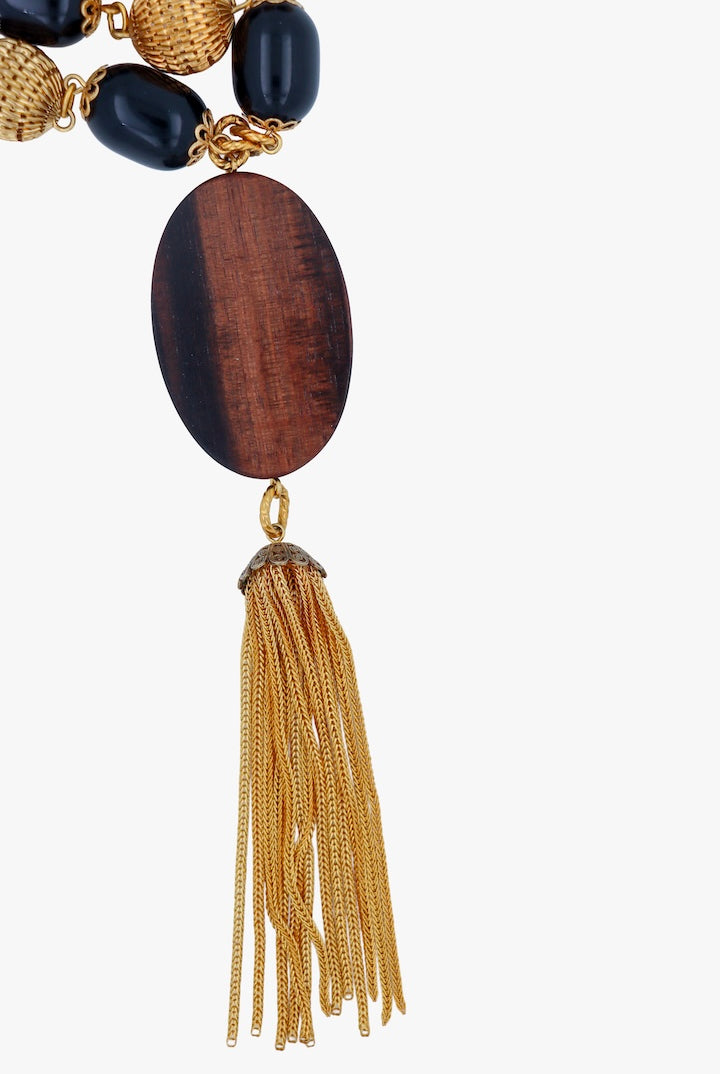 Sautoir En perles détail Doré, bois et noir - Bijou fantaisie de luxe fait à la main