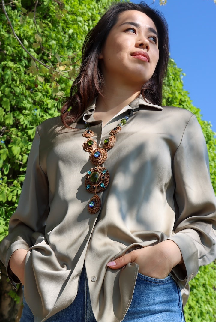 Collier Sautoir fantaisie vintage en résine de luxe Henry bleu vert et turquoise