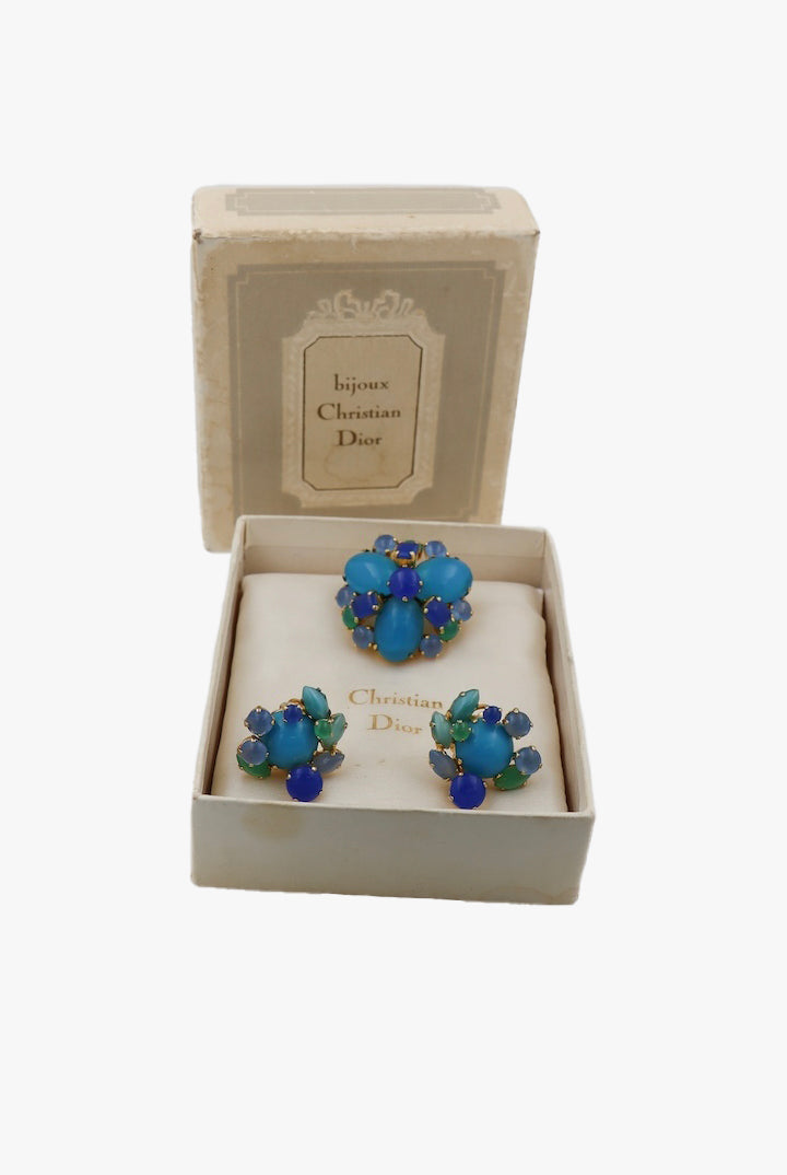 Set boucles d'oreilles bleu et verte et sa Broche Christian Dior 1966 Vintage - Françoise Montague