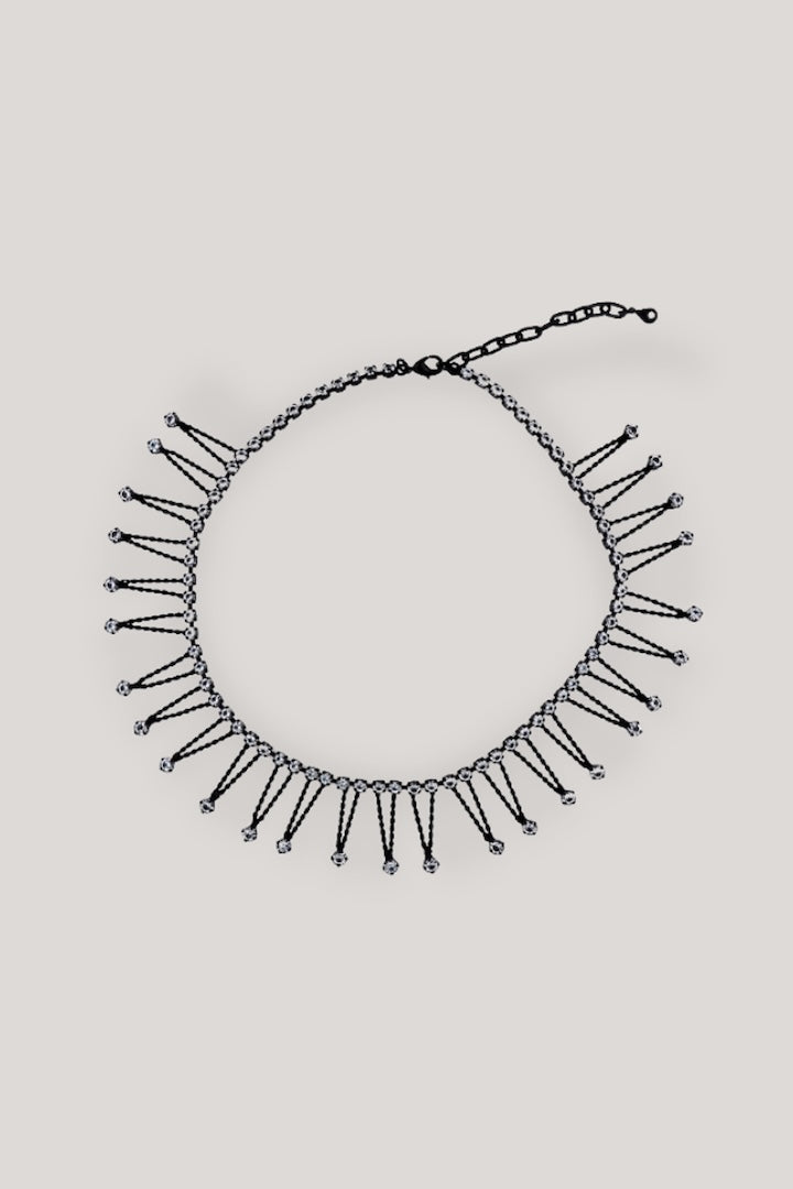 Collier chocker ras de cou fantaisie géométrique noir et strass argenté brillant femme 