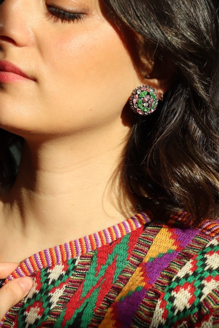 Boucles d'oreilles cabochon vertes et roses strass