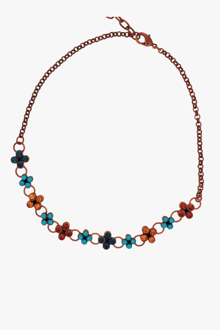 Collier ras de cou avec fleur colorés bleu et turquoise cuivré