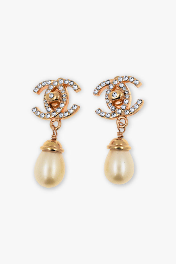 Boucles d'oreilles chanel vintage pendantes perles et strass