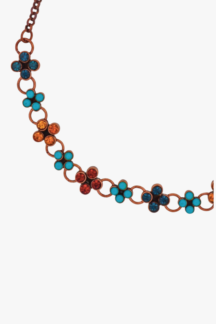 Collier ras de cou avec fleur colorés Turquoise et bleu métal cuivré