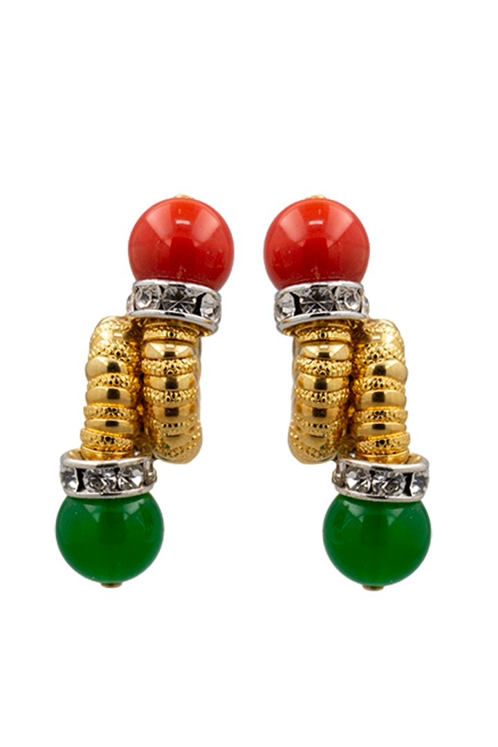 Boucles d'oreilles Charenton dorées à l'or fin, cabochons chryso et corail à l'éclat raffiné