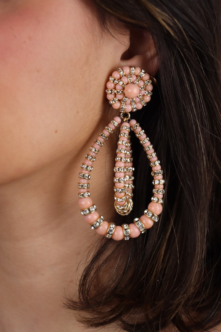 XXL boucles d'oreilles femme perles roses et rondelles de strass doré fermoir clip pendantes 