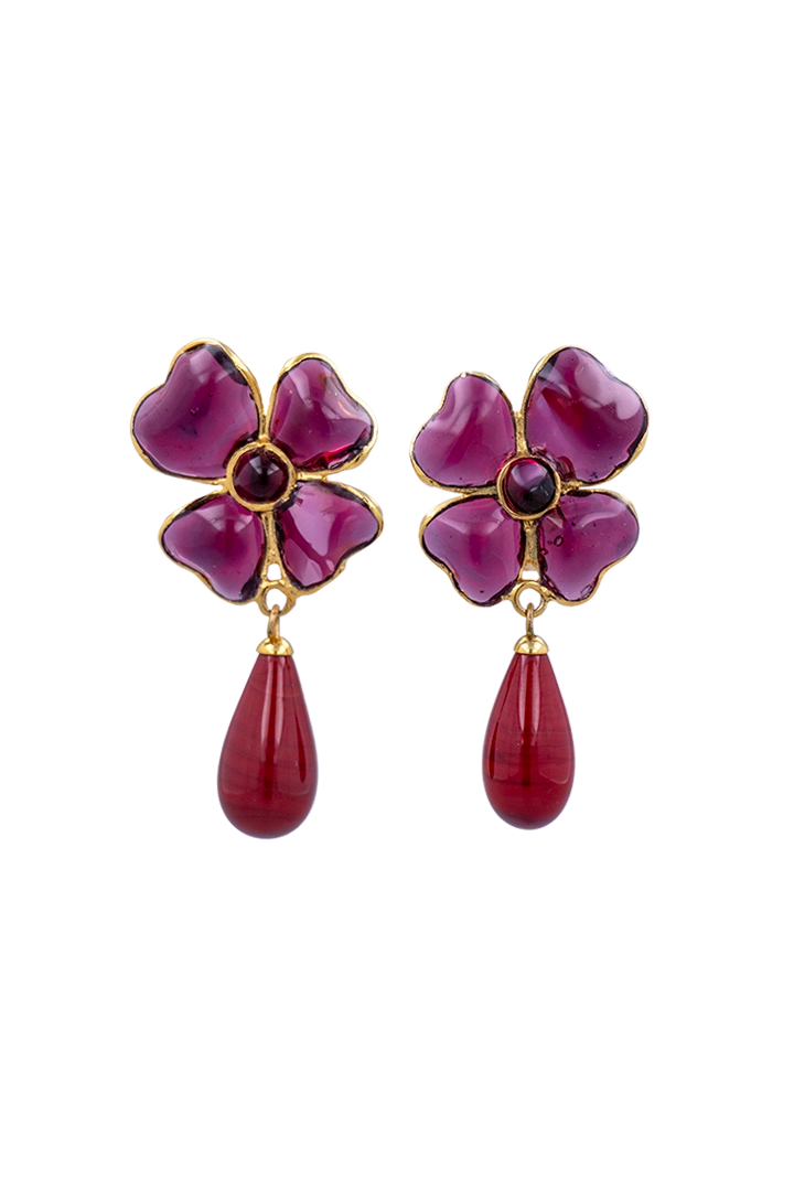 Boucles d'oreilles Amalfi trèfle et goutte améthyste en pâte de verre, bijou couture à l'esprit Maison parisienne