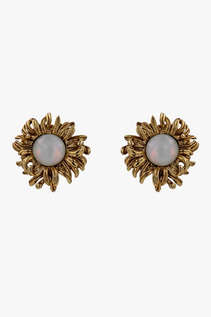 Paire Boucles d'oreilles Soleil Doré centre perles nacrée Oscar de La renta - Vintage Fermoir clip délicat