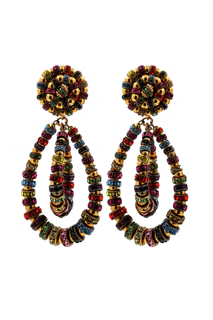 Boucles d'oreilles en perles dorée et rondelles de strass multicolore - fait à la main en France