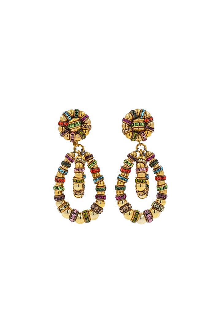 boucles d'oreilles pendantes taille s perles dorée et rondelle de strass multicolore - fait à la main 