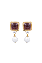 Boucles d'oreilles Mansart pendantes perles et pâte de verre prune fermoir clip