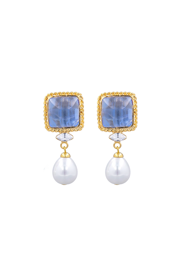 Boucles d'oreilles Mansart pendantes perles et pâte de verre saphir transparent