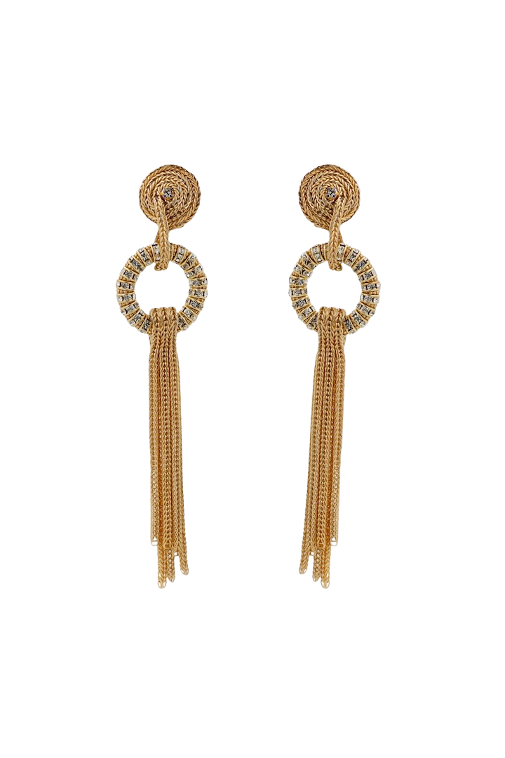 Boucles d'oreilles clip pendantes en chaînes dorée et strass dorée et cristal pendantes