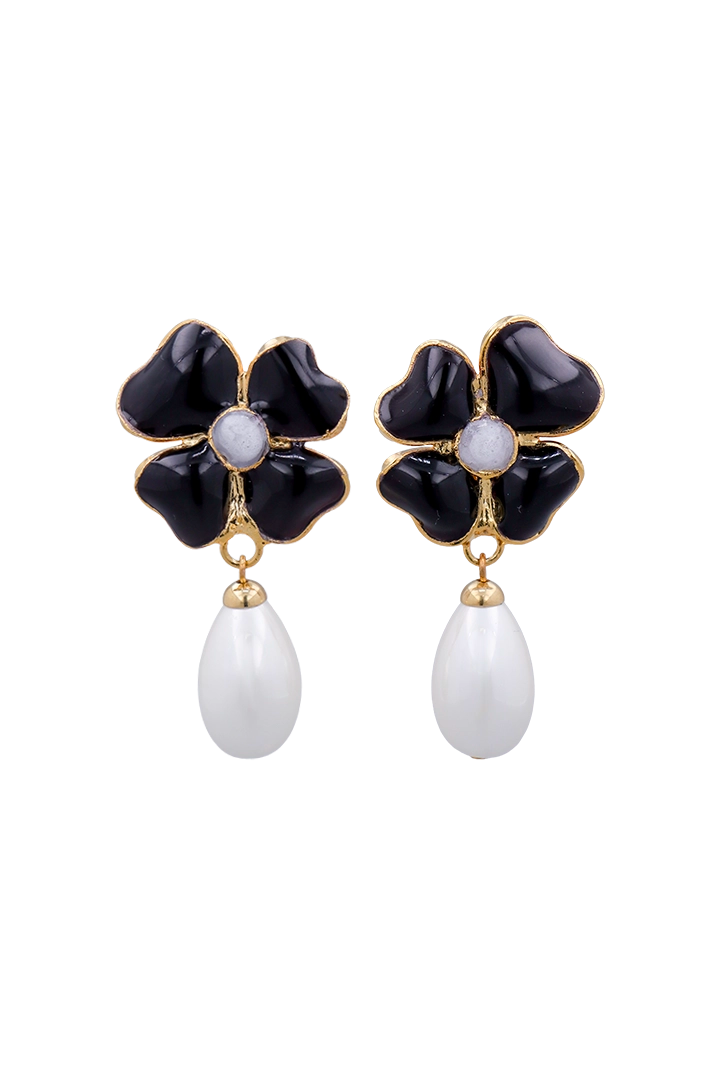 Boucles d'oreilles Amalfi trèfle noir cabochon pâte de verre et perle nacrée blanche, Haute Fantaisie Paris